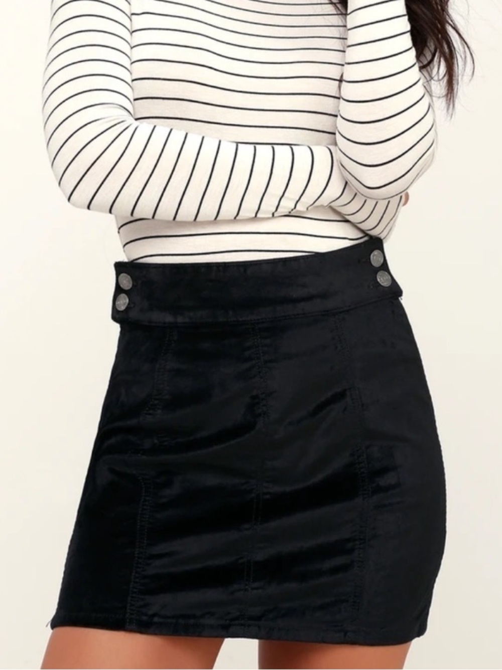 Free People Retro Velvet Black High-Rise Button-Accent Mini Skirt